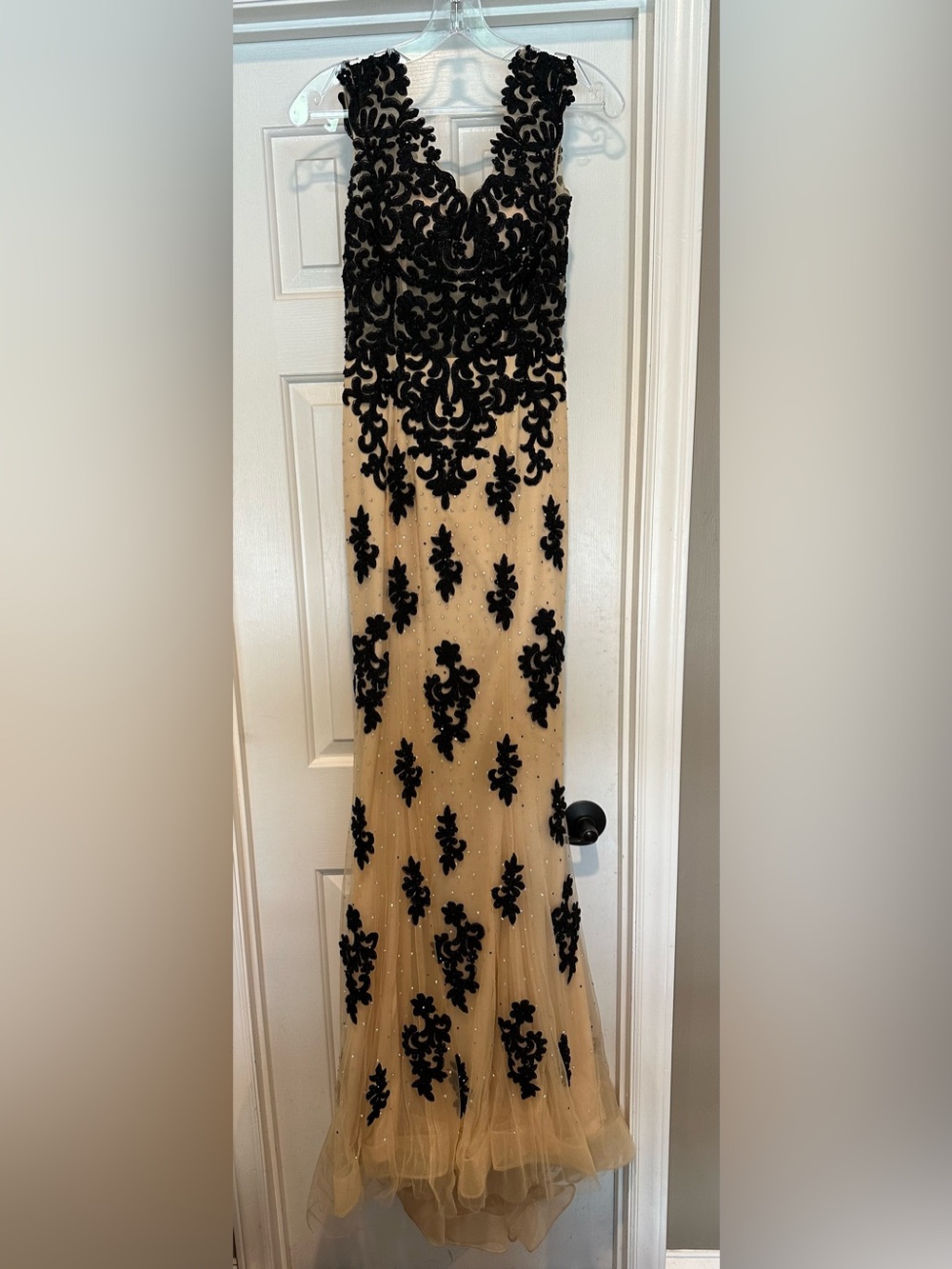 Mori Lee Black Appliqué on Nude Evening Gown